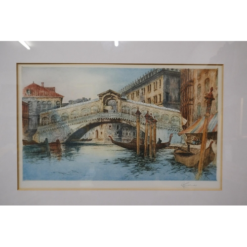 96 - A signed R.H. Smallridge colour etching, The Rialto, Venice, 24 x 39cms, framed