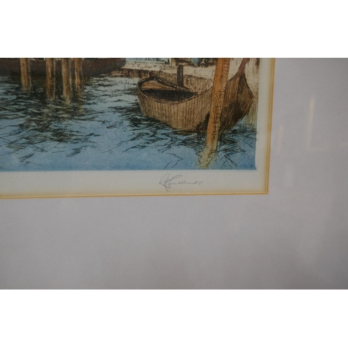 96 - A signed R.H. Smallridge colour etching, The Rialto, Venice, 24 x 39cms, framed