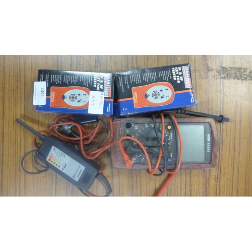 2341 - Two Sealey IR and RF V5921 key fobs testers, a Sealey TA200 8 function digital automotive analyser a... 