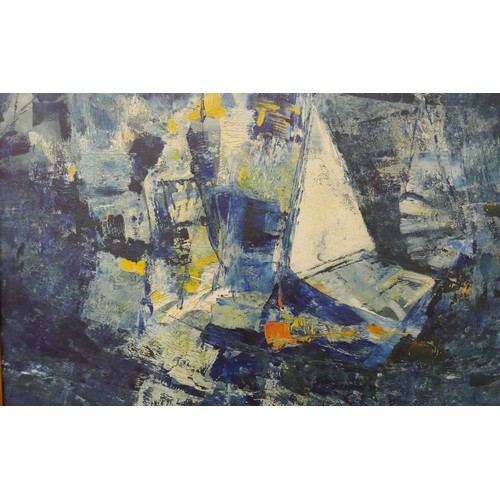 74 - Tony Giles (1925-1994), abstract marine landscape with a yacht, oil on board, signed lower right, 50... 