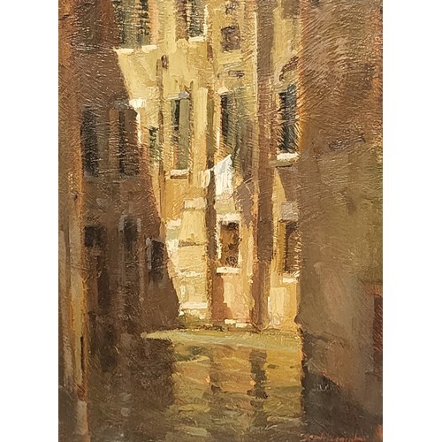 57 - Matthew Alexander (b.1953), Venetian canal scene, oil on board, signed lower right, 29 x 22cms, fram... 