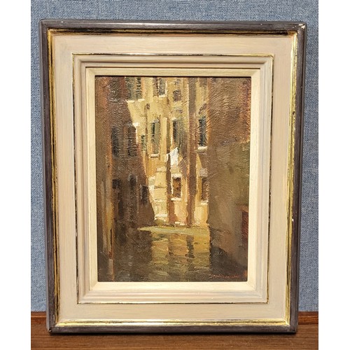 57 - Matthew Alexander (b.1953), Venetian canal scene, oil on board, signed lower right, 29 x 22cms, fram... 