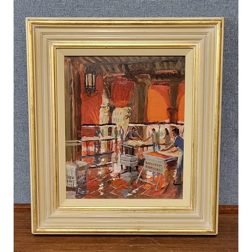 59 - Roy Pettitt (b.1935), The Fish Market, Venice, oil on board, signed lower right, 29 x 24cms, framed