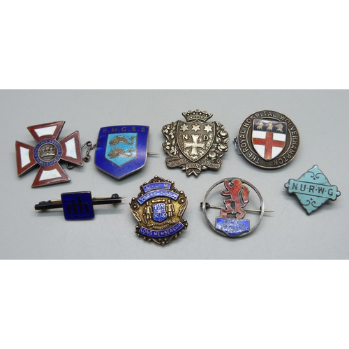 1002 - Seven silver and enamel badges including NURWG and one other unmarked badge