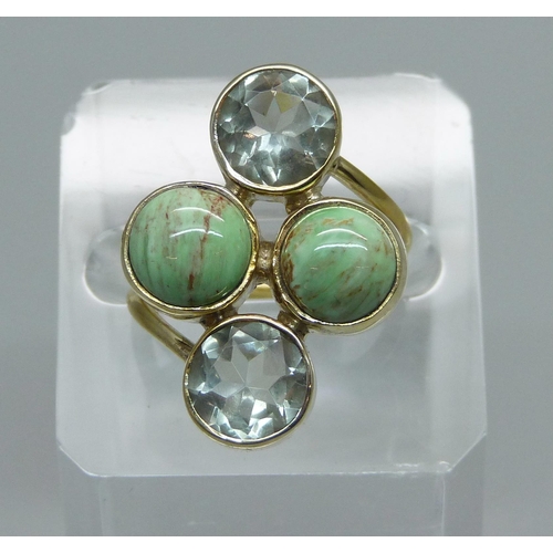 1012 - A silver gilt, Australian variscite and prasiolite ring, with certificate, L