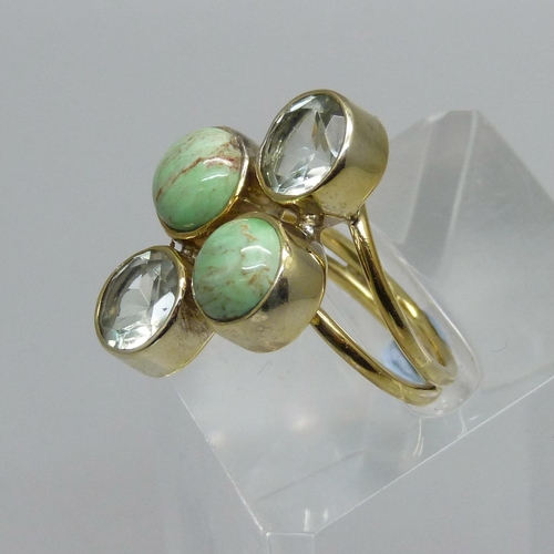 1012 - A silver gilt, Australian variscite and prasiolite ring, with certificate, L