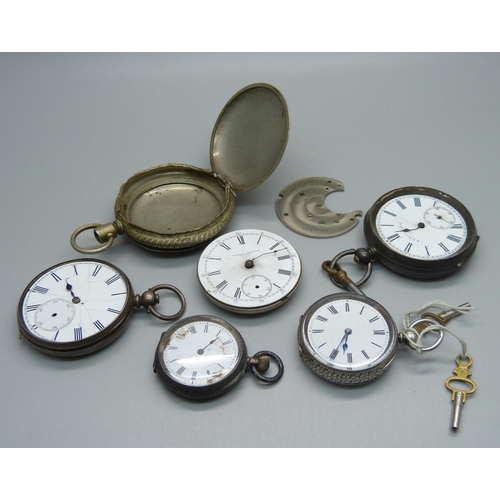 1013 - Four silver pocket watches and a pocket watch case, a/f