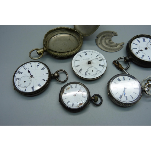 1013 - Four silver pocket watches and a pocket watch case, a/f