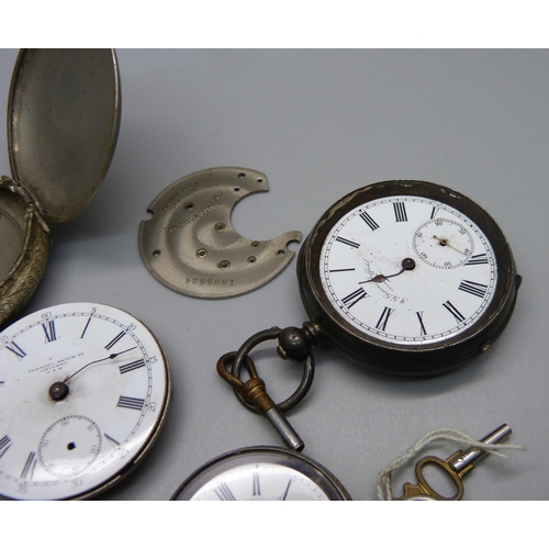 1013 - Four silver pocket watches and a pocket watch case, a/f