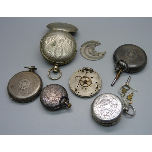 1013 - Four silver pocket watches and a pocket watch case, a/f