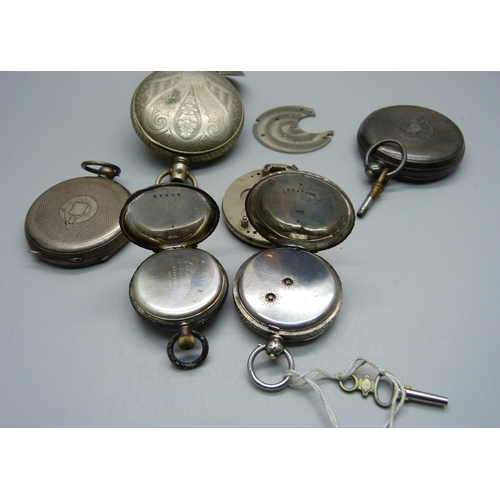 1013 - Four silver pocket watches and a pocket watch case, a/f