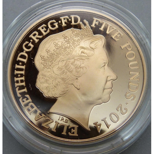 1016E - The Royal Mint, 2014 UK £5 Gold Proof Coin, Queen Anne commemorative