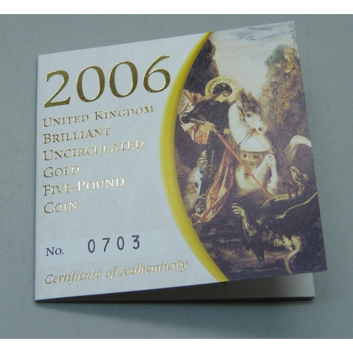 1016G - The Royal Mint, 2006 UK Brilliant Uncirculated Gold £5 Coin, 0703