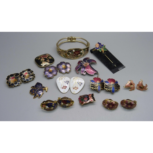 1024 - Seven  pairs of cloisonne earrings, two brooches, bracelet, etc.