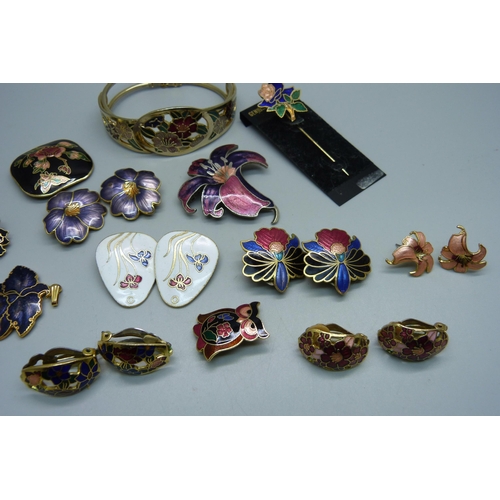 1024 - Seven  pairs of cloisonne earrings, two brooches, bracelet, etc.