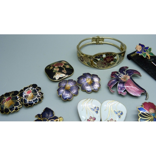 1024 - Seven  pairs of cloisonne earrings, two brooches, bracelet, etc.