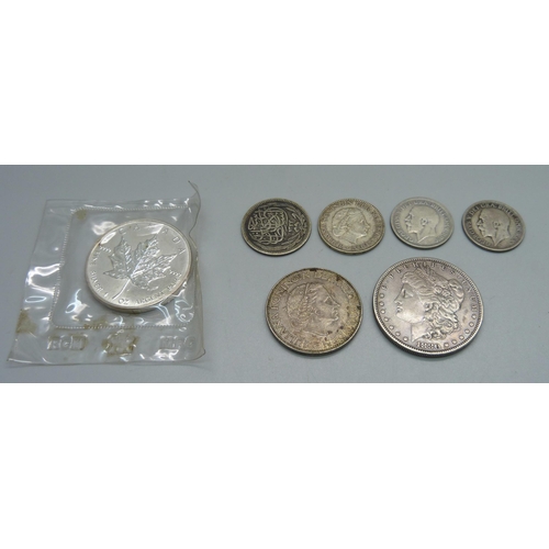 1030 - A Canada 9999 fine silver 1oz $5 coin, an 1880 US dollar coin, San Francisco mint, 26.7g, two one sh... 