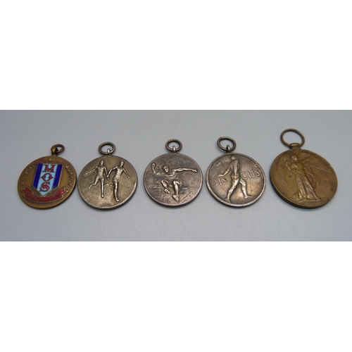 1031 - A WWI Victory medal, l-38533 Dvr. W.J. Mammatt RA,  two RAOC Didcot 1946 sports medallions and two d... 