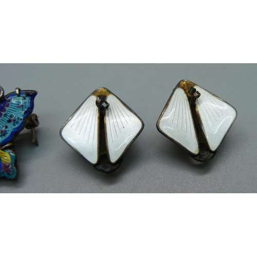 1033 - A white metal and enamel butterfly brooch and two pairs of silver and enamel earrings, both marked N... 