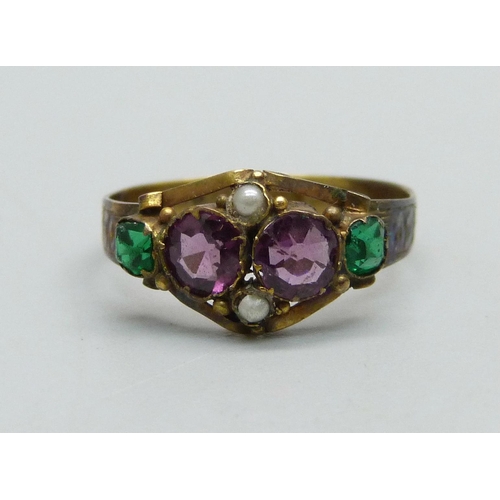 1034A - A 'suffragette' ring with amethyst, green stone and seed pearl set, 1.3g, L