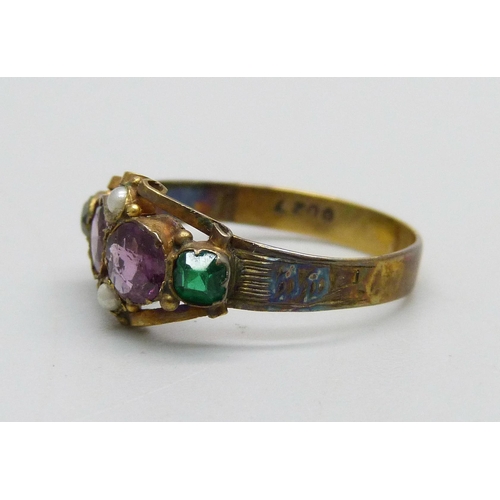 1034A - A 'suffragette' ring with amethyst, green stone and seed pearl set, 1.3g, L