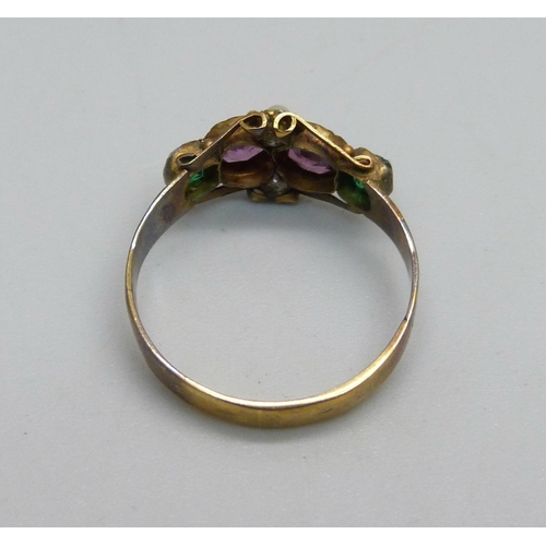 1034A - A 'suffragette' ring with amethyst, green stone and seed pearl set, 1.3g, L