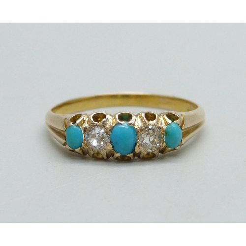 1038 - A Victorian 18ct gold, turquoise and diamond, five stone ring, 2.1g, M/N