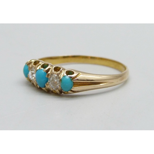 1038 - A Victorian 18ct gold, turquoise and diamond, five stone ring, 2.1g, M/N