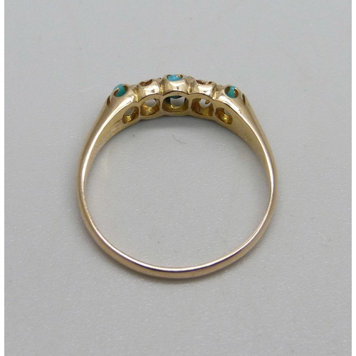 1038 - A Victorian 18ct gold, turquoise and diamond, five stone ring, 2.1g, M/N