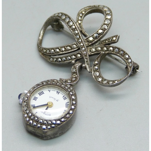 1041 - A Rotary silver and marcasite pendant brooch watch, hallmarked London 1966