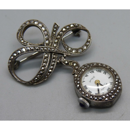 1041 - A Rotary silver and marcasite pendant brooch watch, hallmarked London 1966