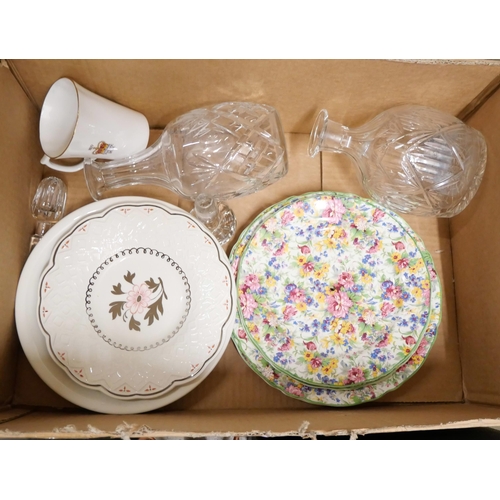 1060 - Two two-tier Midwinter chintz cake stands, (a/f no handles), two Wedgwood plates, two glass decanter... 