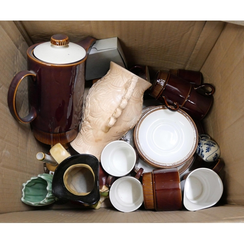 1064 - A pair of Regent 8 x 30 binoculars, boxed and cased, a Poole pottery tea/dinner set, vases, a Toby j... 