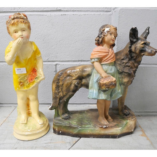 1077 - Two Art Deco chalk figures, girl with German Shepherd and girl with flowers, both with chips **PLEAS... 