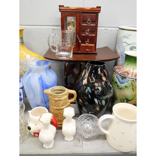 1081 - A wooden elephant stool, jewellery cabinet, a Taiwanese stick stand and assorted vases **PLEASE NOTE... 