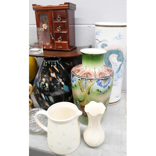 1081 - A wooden elephant stool, jewellery cabinet, a Taiwanese stick stand and assorted vases **PLEASE NOTE... 