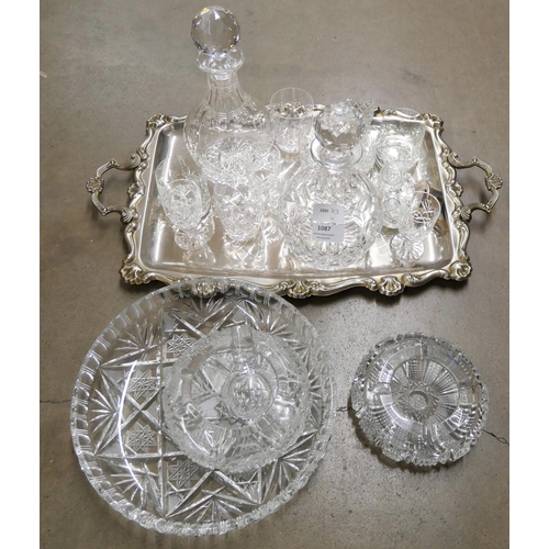 1087 - Two glass decanters, other glass and a tray plus a silver rim from a decanter, 22g **PLEASE NOTE THI... 