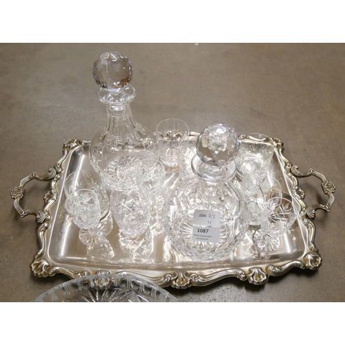 1087 - Two glass decanters, other glass and a tray plus a silver rim from a decanter, 22g **PLEASE NOTE THI... 