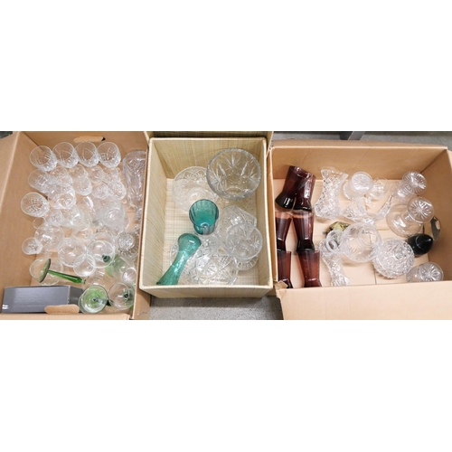 1093 - Three boxes of mixed crystal and glass, decanter, wines, brandy and whisky glasses, baskets, etc. **... 