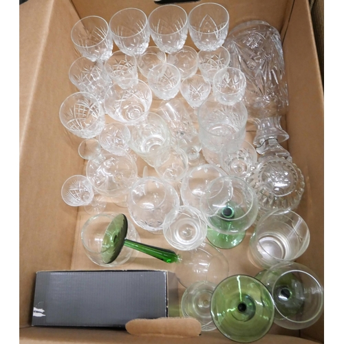 1093 - Three boxes of mixed crystal and glass, decanter, wines, brandy and whisky glasses, baskets, etc. **... 