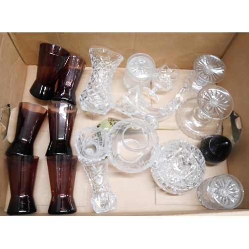 1093 - Three boxes of mixed crystal and glass, decanter, wines, brandy and whisky glasses, baskets, etc. **... 