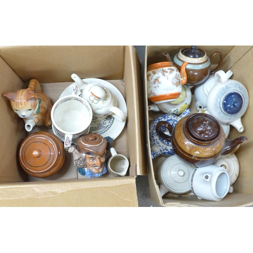 1097 - A box of decorative teapots and a box of china including Denby plate, Wade for Boots Barley Mow teap... 