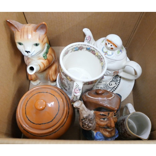 1097 - A box of decorative teapots and a box of china including Denby plate, Wade for Boots Barley Mow teap... 