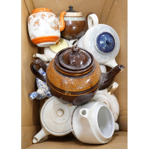 1097 - A box of decorative teapots and a box of china including Denby plate, Wade for Boots Barley Mow teap... 