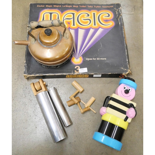 1102 - A Thomas Salter magic set, a copper kettle, a Bertie Bassett money box and skeleton clock parts (wei... 