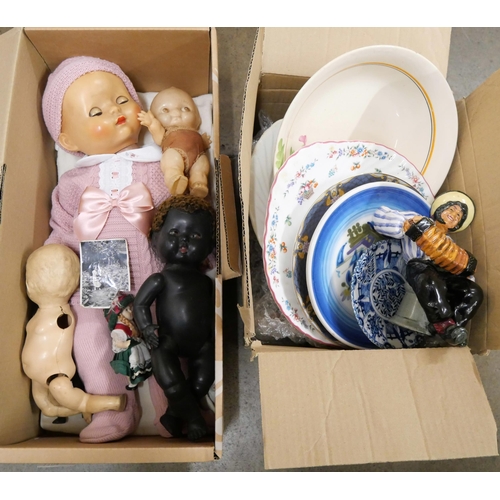 1104 - Five mid 20th Century dolls including Kewpie doll and black doll and a box of mixed china **PLEASE N... 