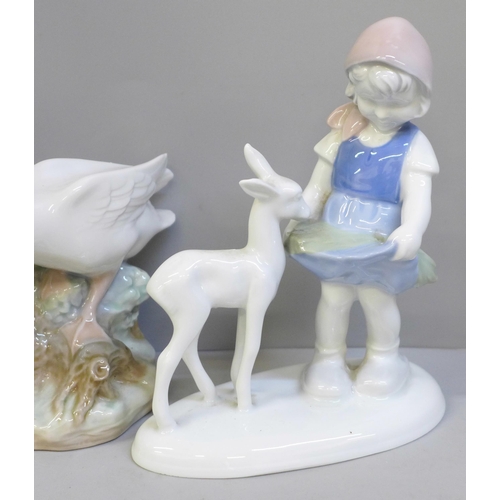 612 - A Lladro figure, girl with geese, 31cm and a German figure of a girl feeding a fawn