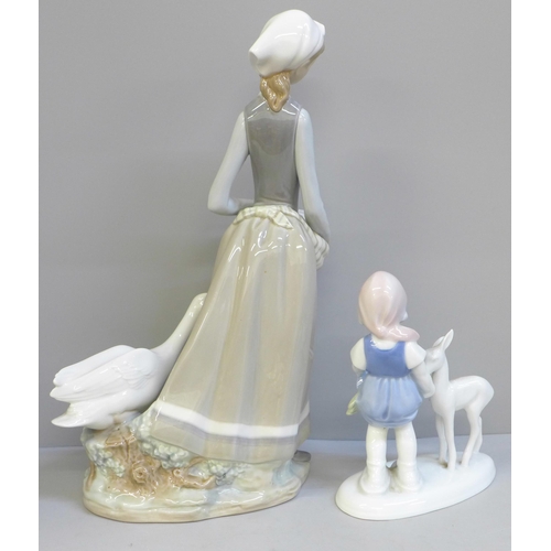 612 - A Lladro figure, girl with geese, 31cm and a German figure of a girl feeding a fawn