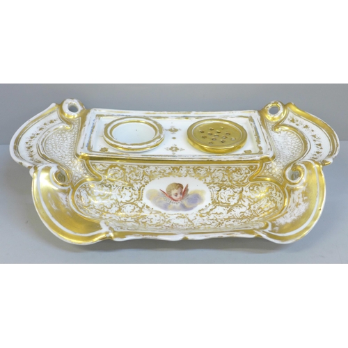 617 - A Georgian Flight, Barr & Barr Worcester porcelain ink stand, circa 1780s, with hand painted angel d... 