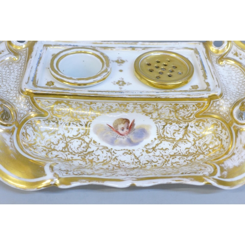 617 - A Georgian Flight, Barr & Barr Worcester porcelain ink stand, circa 1780s, with hand painted angel d... 